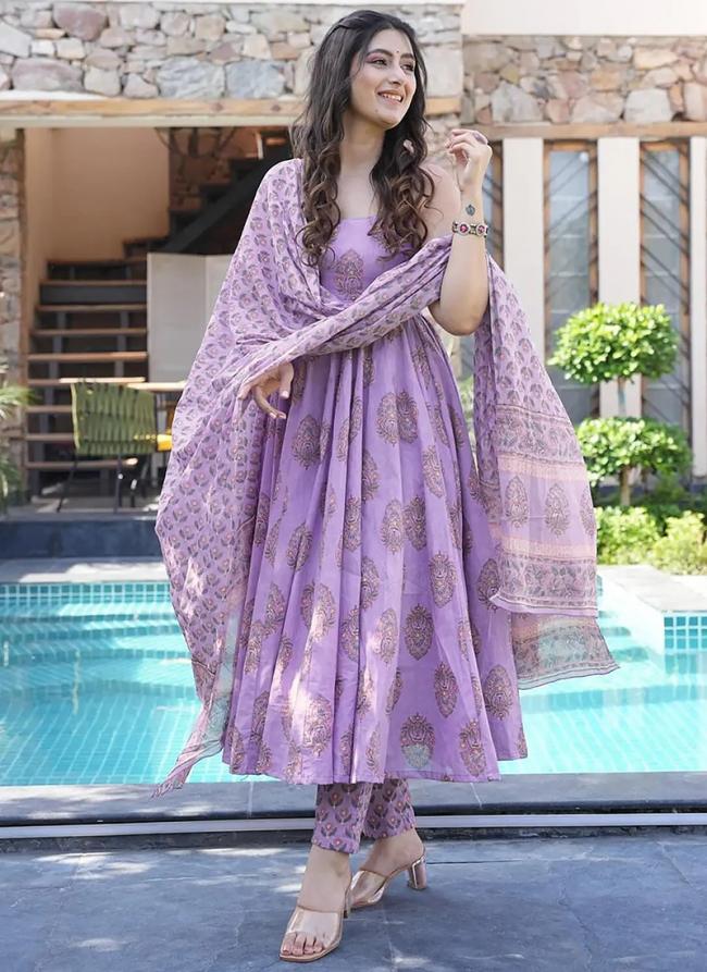 Pure Muslin Lavender Casual Wear Printed Readymade Anarkali Suit